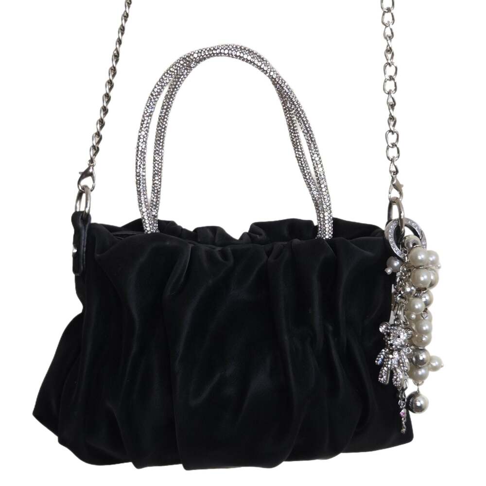 Black Satin Rhinestone Clutch Handbag w/ Bracelets and Teddy Charm